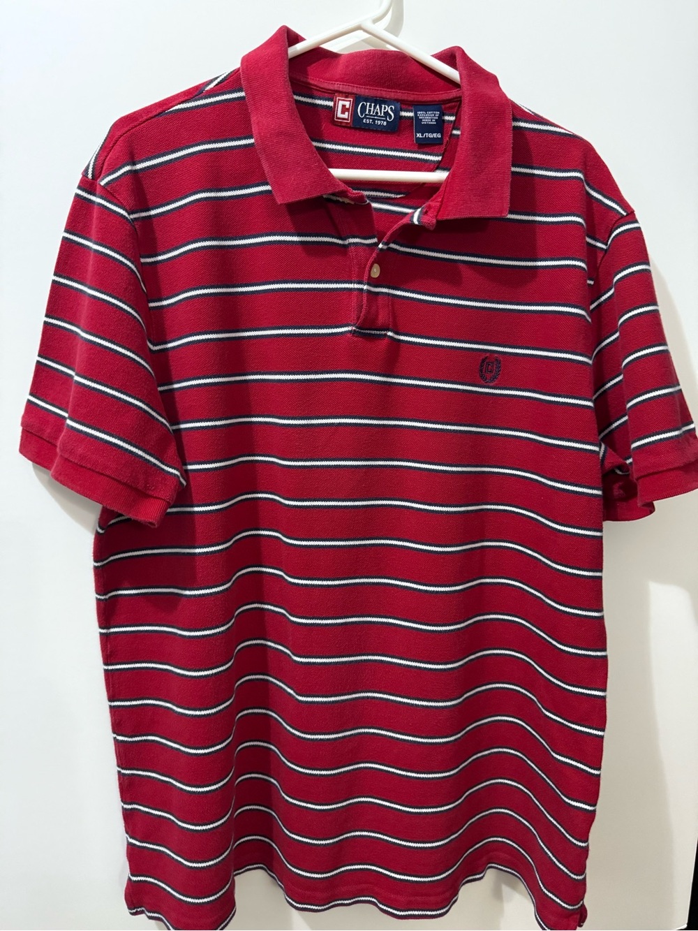 Item 061426A
Chaps Red Striped Polo with White and Navy Trim